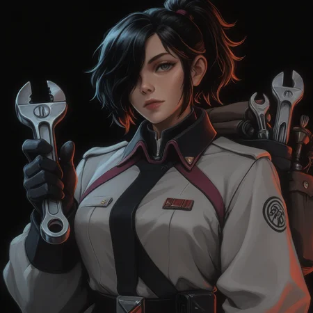 masterpiece, best quality, good quality, very awa, very aesthetic, absurdres, newest, (Perfect details), baba yaga, awaria, 1girl, black background, (sindrian) <lora:Starsector_NOOB_vPred_v1.0:0.9> collared jacket, double sided wrench, feet out of frame, gloves, hair over one eye, holding, holding wrench, leggings, long sleeves, looking at viewer, one eye covered, ponytail, gloves, short hair, sidelocks, solo, wrench, dark_fantasy_style, dark fantasy, <lora:ponyv6_noobV1_2_adamW-000017:0.7> <lora:dark_fantasy_anime_illustriousXL:.6>