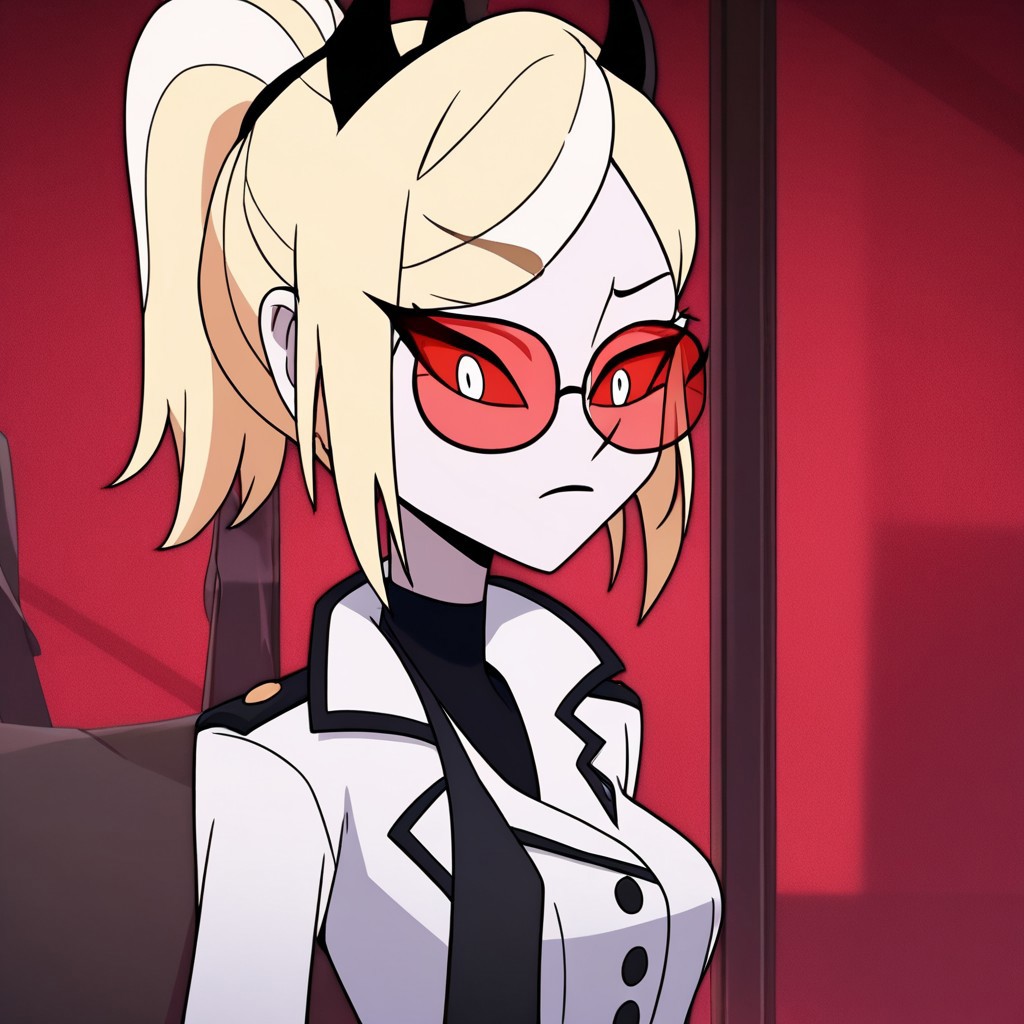 masterpiece, best quality, newest, absurdres, highres, HHp4ck-Style-V1.0, official style, HHOVP-ODC.V1.0, blonde hair, white skin, red-tinted eyewear, glasses, red sclera, red-tinnted  colored sclera, white eyes, high ponytail, red glasses, hairband, hairband with horns, tied hair,