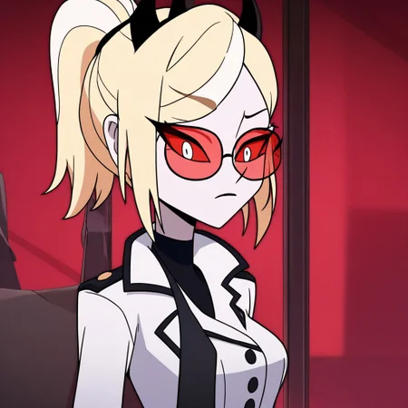 masterpiece, best quality, newest, absurdres, highres, HHp4ck-Style-V1.0, official style, HHOVP-ODC.V1.0, blonde hair, white skin, red-tinted eyewear, glasses, red sclera, red-tinnted  colored sclera, white eyes, high ponytail, red glasses, hairband, hairband with horns, tied hair,