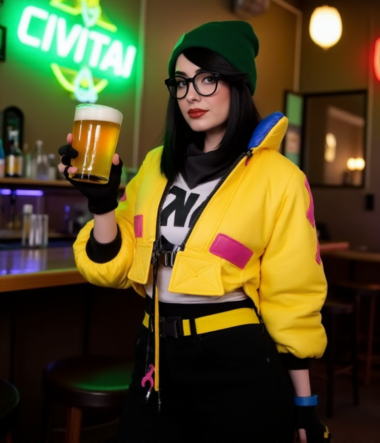 She holds a beer in a pub. A neon sign says "CIVITAI".  <lora:Killjoy:0.9> killjoy, a woman with a yellow jacket, black glasses, green hat, black pants.