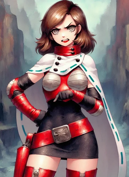 masterpiece, best quality, amazing quality, rdf02, FMIXF, vibrant details, SMTHEROI, 1girl, medium hair, sideswept hair, straight hair, brown hair, grey eyes, red lipstick, red neck armor, (white short cape, blue tape trim, buttons), (red breastplate, grey breast pads), black camisole dress, short black sleeves, elbow gloves, grey elbow pads, red belt, belt buckle, holster, red thigh boots, grey kneepads, arm on chest, angry, grimace, pointing