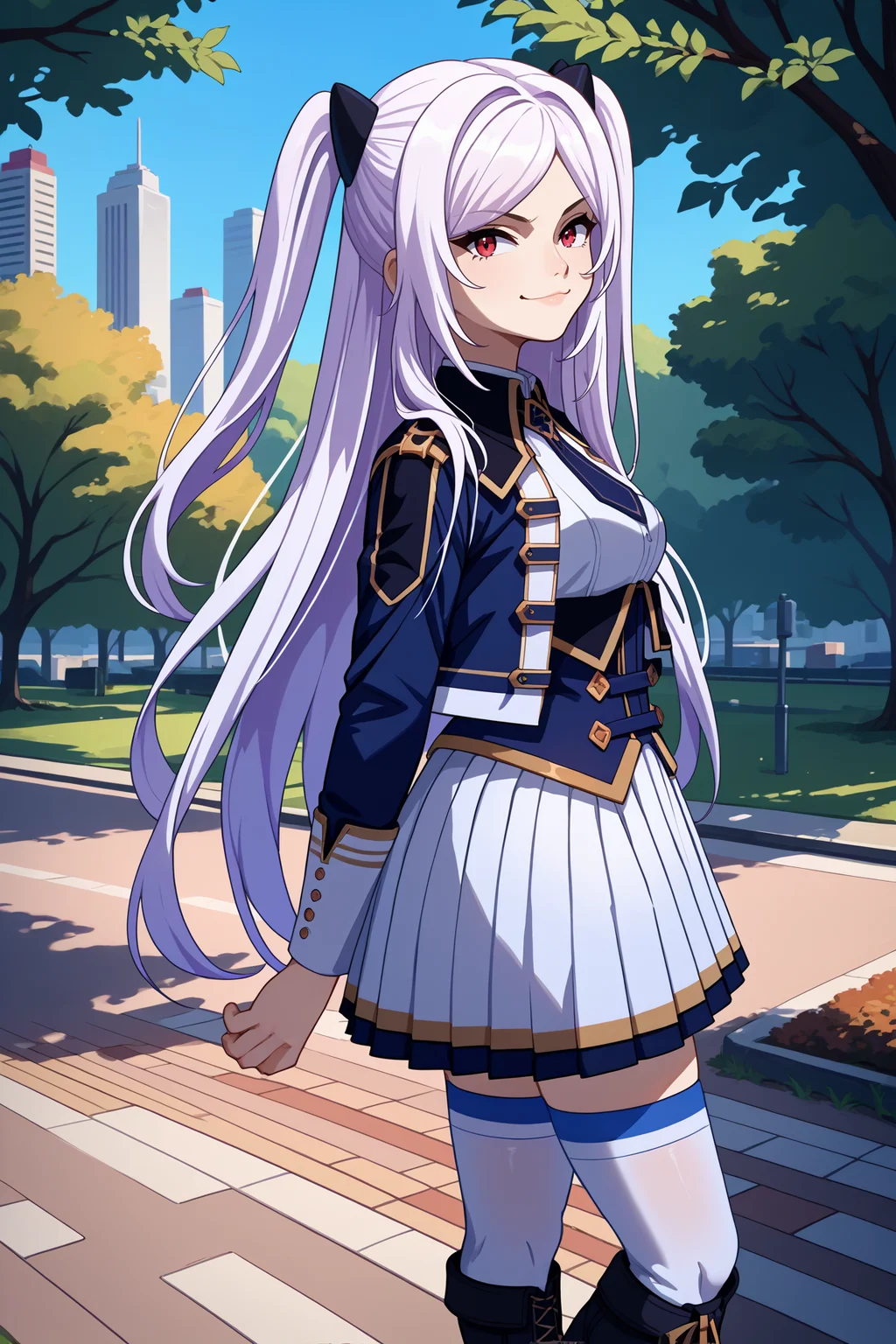 score_9, score_8_up, score_7_up, score_6_up, source_anime, 1girl, solo, <lora:alexiamidgar-pdxl-nvwls-v1-000005:1> al3xia, white hair, red eyes, two side up, long hair, black jacket, black necktie, white shirt, corset, white skirt, pleated skirt, white thighhighs, black boots, cross-laced boots, happy, looking at you, smug, from side, looking at you, city, park, trees, arms at sides