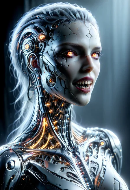 photorealistic, Ultra-HD-details, masterpiece. Vampire woman, ((platinum color mechanical cyborg body, full robot body)), (glowing lights), (dynamic pose), (best quality real texture skin), full body, highly detailed skin, skin pores, (highly detailed face:1.0), (highly detailed eyes:1.0), dark gray eyes, smiles, open mouth, perfect fangs, long vampire fangs, (perfect anatomy:1.0), (perfect proportions:1.0), (photography:1.0), (photorealistic:1.0), dynamic lighting, real shadows, (highres:1.0), sharp focus, daylight, (realistic, hyperrealistic:1.0), intricate, high detail, dramatic, big depth of field, vivid, sharpened, ((full Sharp))
