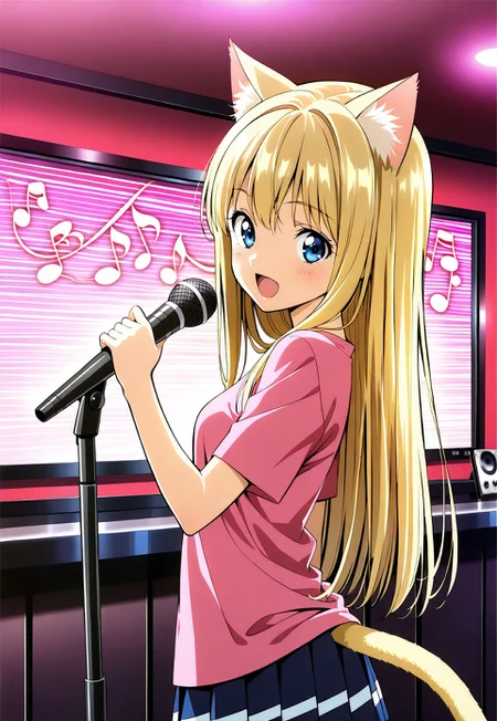 Style: anime style, original anime style, anime graphics, anime, anime source, clean lines, smooth gradients, smooth shading, typical anime style, , alone, solo, , masterpiece,best quality,amazing quality,  Anime stil, Anime Screenshot, Anime art

BREAK

Quality: , score 9, score 8 high, colorful, highest quality, 8k resolution, high-end resolution, perfect picture, masterpiece

masterpiece, best quality, anime source, anime colors, detailed eyes, intricate details, anime scene,

BREAK

Person: a girl, 18 years old, 161 cm tall, waist-length hair, straight hair,shiny  white blonde hair, open hair, cat ears, blue eyes, cat tail, thin, very petite, incredibly cute, masterpiece, best quality, very aesthetic, open long hair falling over the sides of the head, detailed face, petite figure, small breasts (size 90 B), side Pony, cat tail!! flat ass

 
In a karaoke bar, bright pink shirt, singing with passion, microphone in hand, disharmonious music notes in the air,