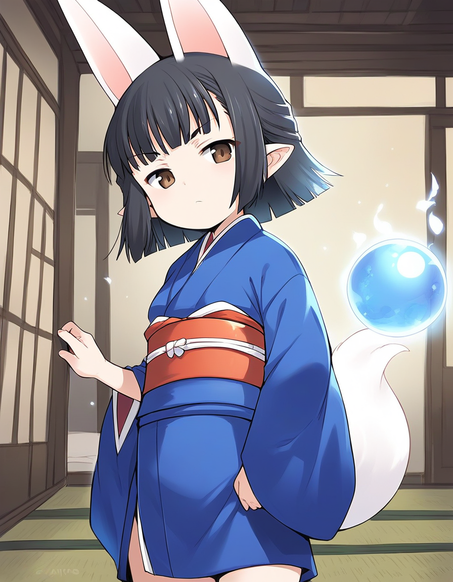 score_9, score_8_up, score_7_up, source_anime, rating_explicit, BREAK  <lora:Hasaha_Ver2.0_XL:1> Hasaha, animal ears, black hair, brown eyes, pointy ears, short hair, white tail, short stack,
japanese clothes, blue kimono, crystal ball,  sash, obi,  orb,
Japanroom, tatami,
serious, aura,
looking at viewer, 
cowboy_Shot,