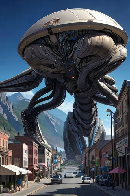 realistic, hyperrealistic, high quality, best quality, scifi town, alien metamorphosis