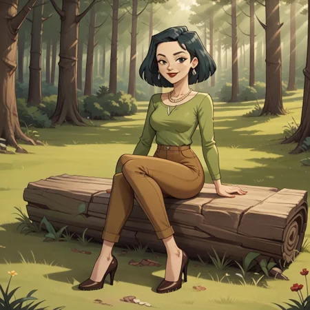 score_9, score_8, BREAK, solo, black hair, black eyes, red lips, lipstick, earrings, necklace, olive green shirt, long sleeves, brown pants, brown high heels, breasts, Heathers_Mother_(Total_Drama), cute, sexy pose, self portrait, smile, outdoors, sunlight, shadows, evening lighting, natural lighting, forest, trees, grass, orange sky, sunset