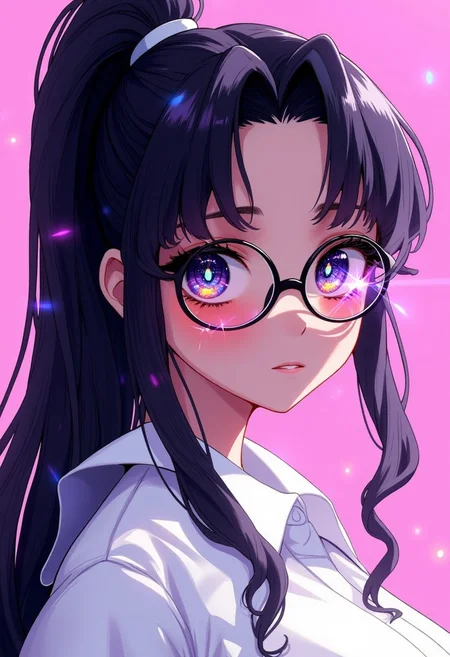 de01, 3D art style, upper body image of a curvy woman with white shirt, detail eyes, wearing glasses, magic eyes