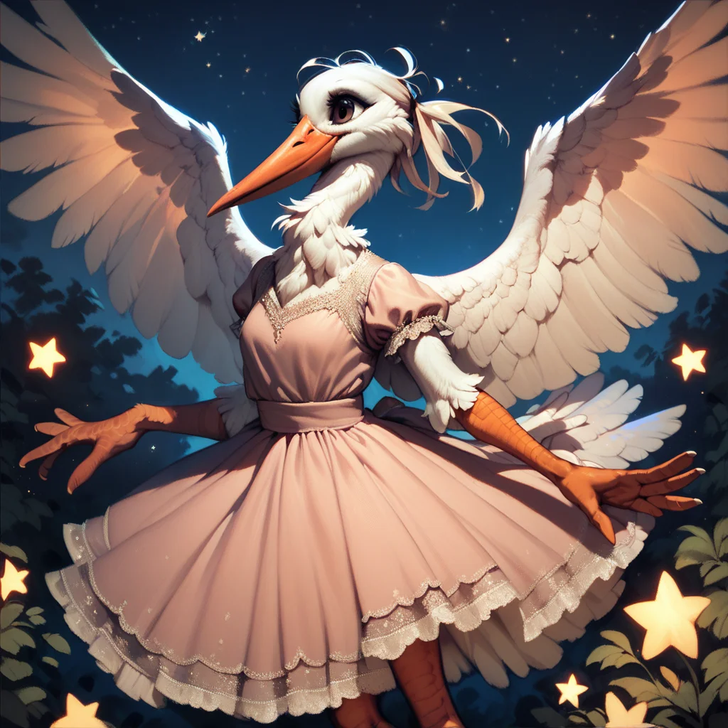 score_9, score_8_up, score_7_up, score_6_up,anthro, stork, dancing, detailed, night time, stars, outdoors, dress, wings,cute, night time,<lora:Anthro_birds_for_pony_-_2:0.9>