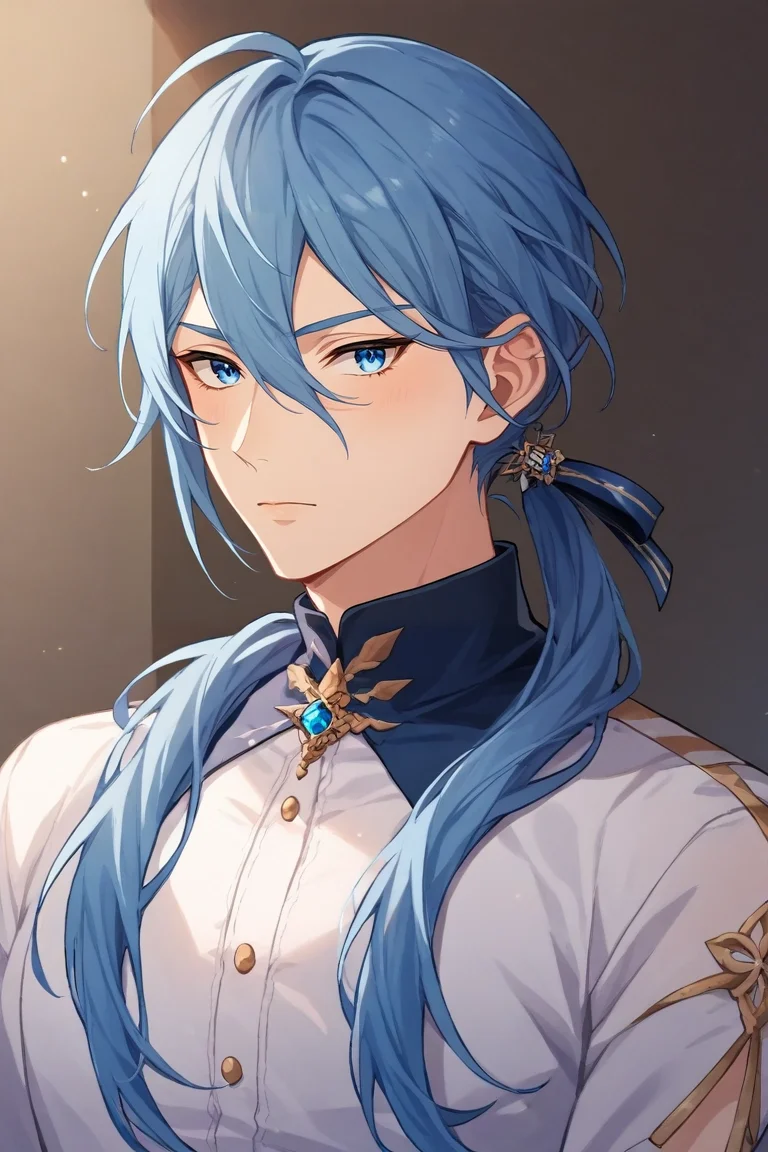 score_9, score_8_up, score_7_up, source_anime, rating_safe, , semi-realistic, looking at viewer, , 1boy, solo, male focus, <lora:edmond_nu_carnival_pony:0.98>, edmond_nu_carnival, blue hair, blue eyes, long hair, hair between eyes, low ponytail, , , <lora:sdxl_lightning_8step_lora:1>