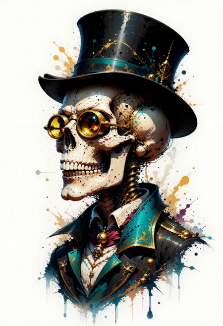 MysticSplash. Ink-splash-style. Ink-splash-style. Extreme closeup of a dapper figure in a stylized, richly detailed black top hat, adorned with decorative golden accents, stands against a white background. The character is a skeleton with very detailed skull and long canines as vampire fangs. He cloaked in a vibrant  victorian jacket, featuring intricate golden embellishments and a deep red vest underneath. He wears a large victorian monocle with a yellow-tinted lense and copper frame very reddish. Exquisite details include a shiny silver cross and a blue gem on the chest, harmonizing with splashes of paint in vivid hues of blue, gold, and red that artistically cascade around the figure, blending an impressionistic flair with elements of surrealism. The atmosphere is whimsical and opulent, evoking a sense of grandeur and mystery.