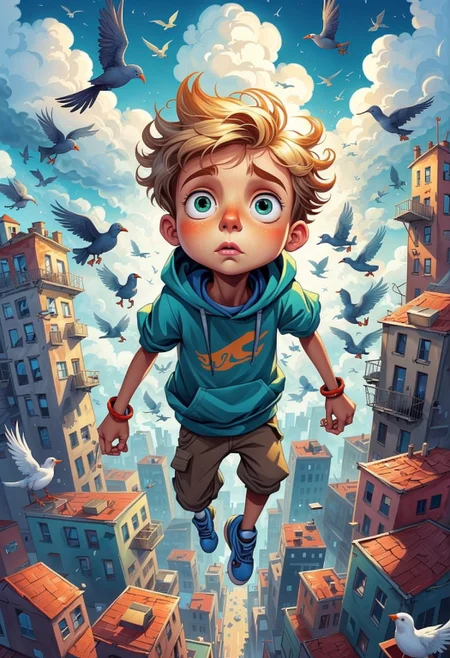 ASCIIIllustration of a Upper Breakdancing young boy, stuck in the clouds, surrounded by surprised birds, a sleeping city below, masterpice by (loish and Lois van Baarle:1.36), best quality, 4k textures, ultra detailed