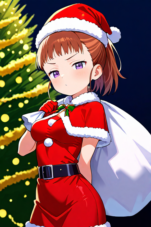 masterpiece, High quality, Ultra detailed, 2d, newest, absurdres, highres, BREAK
1girl, solo, <lora:makino_ruki:0.8>, ruki_makino, brown hair, purple eyes, 
medium breasts, rukiNd, santa costume, santa hat, christmas, sack, merry christmas, gift, fur-trimmed headwear, holding sack, santa dress, fur-trimmed dress, christmas tree, christmas tree, fur trim, red capelet, gift box, red gloves, fur-trimmed capelet, santa gloves, red hat, hat, narrowed eyes,