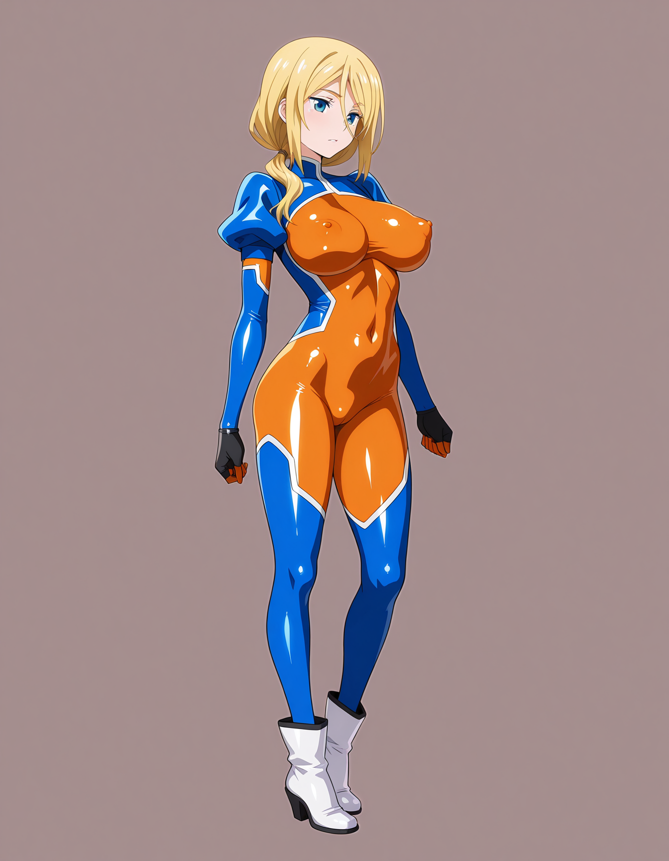masterpiece,best quality,amazing quality,very aesthetic,high resolution,ultra detailed,perfect details,
simple background,gray simple background,
<lora:mai_tk_rosalia:1>,mai_tk,mai_tk_rosalia,1girl,solo,blue_eyes,large_breasts,blonde_hair,long_hair,low_ponytail,bodysuit,skin_tight,orange_bodysuit,spandex,gloves,ankle Boots,white footwear,
standing,full body,