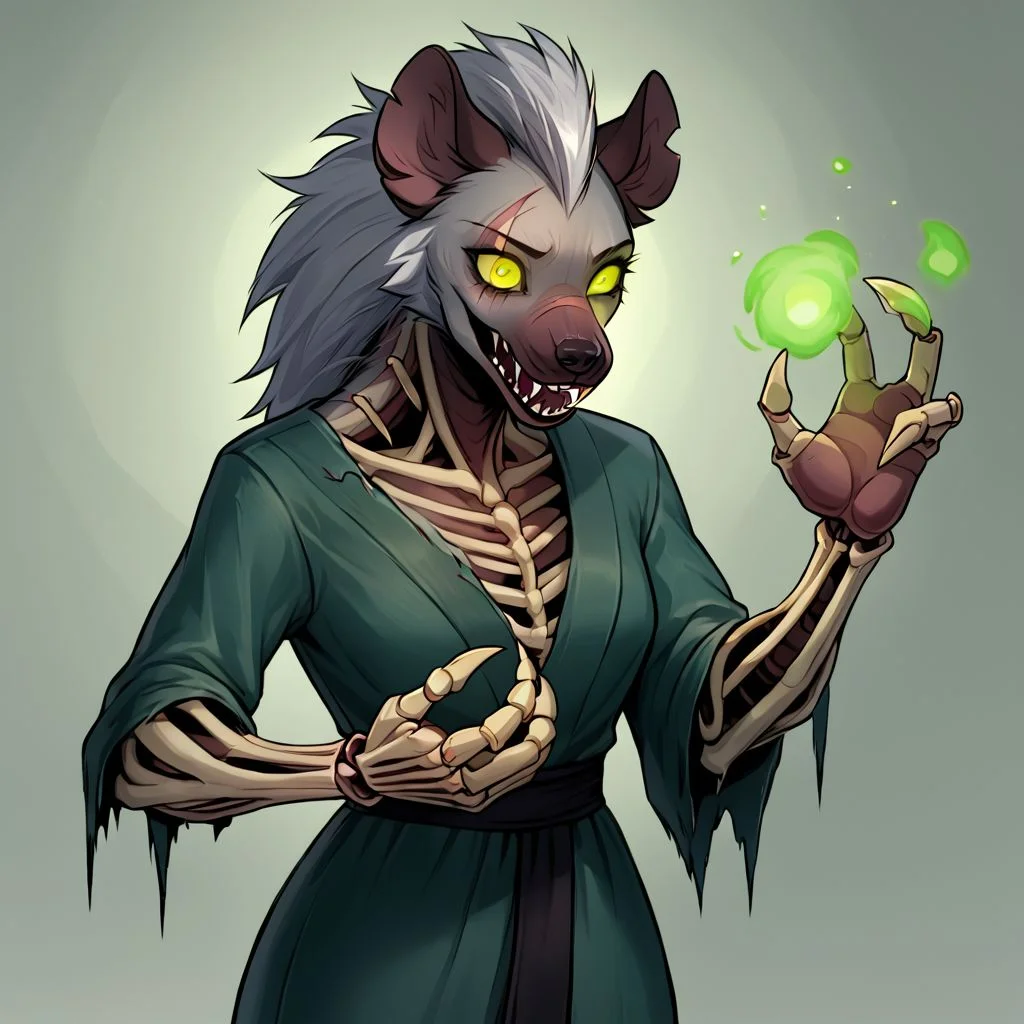 Solo, female, gnoll, black rotting fur, messy fur, glowing green left eye, blind right eye, scar over right eye, skeleton hands, claws, necromancer robe, undead, eldritch, hyena humanoid, ugly green magic in skeleton hands, hyena anthro, undead anthro,