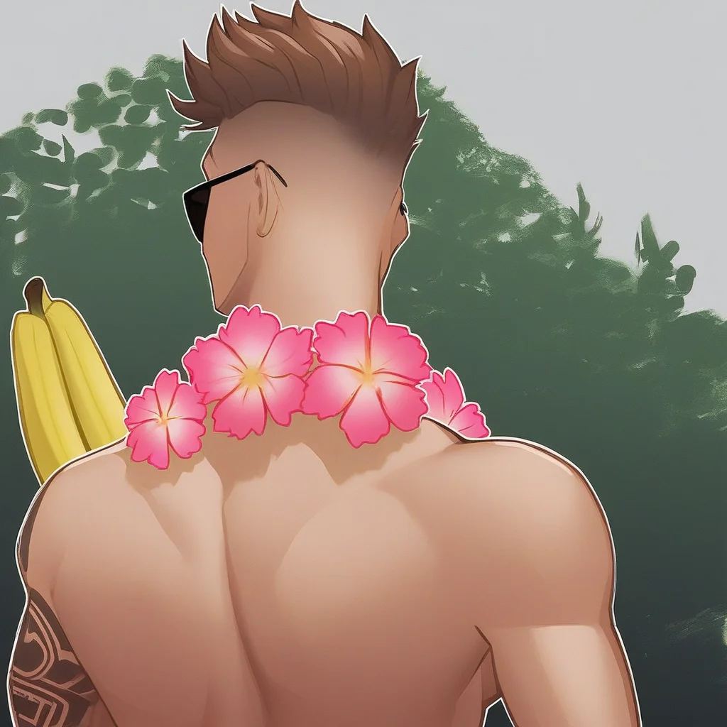from side, banana, tattoo, from behind, sunglasses, pink flower, brown hair, tree, upper body, scar