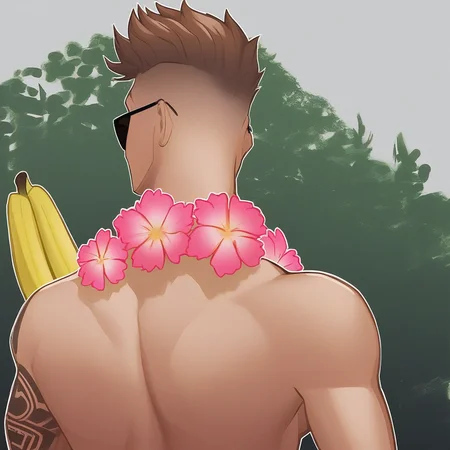 from side, banana, tattoo, from behind, sunglasses, pink flower, brown hair, tree, upper body, scar