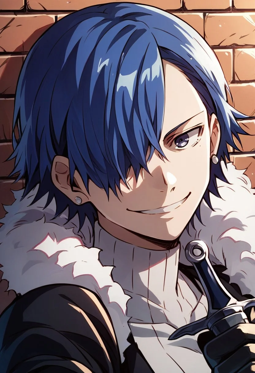 score_9,score_8_up,score_7_up,source_anime, Ethel Borgnine,solo,smile,gloves,1girl,holding,jewelry,blue hair,weapon,earrings,fur trim,knife,brick wall,