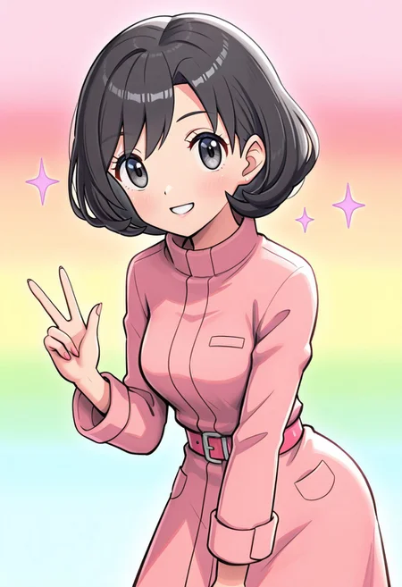 hinosaki, [[pokemoa, gonzarez]],2d, masterpiece, best quality, amazing quality, 1girl, solo, close-up, standing, smile, upper body, leaning_forward, looking at viewer, multicolored background, sparkle, rainbow background, colorful background, orasparasol, black hair, short hair, pink raincoat, long sleeves, pockets, pink belt