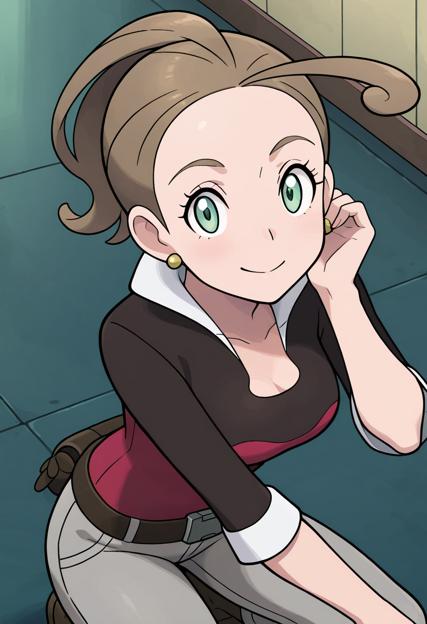 masterpiece, best quality, 1girl, solo, eyelashes, (beautiful eyes), shiny skin, looking at viewer, smile,  zzAlexa, green eyes, ahoge, brown hair, ponytail, short hair, earrings, shirt, belt, pants,     <lora:AlexaPokemon_IXL_v2:1.0>, crouching, looking up, dynamic angle, cowboy shot, looking at viewer,