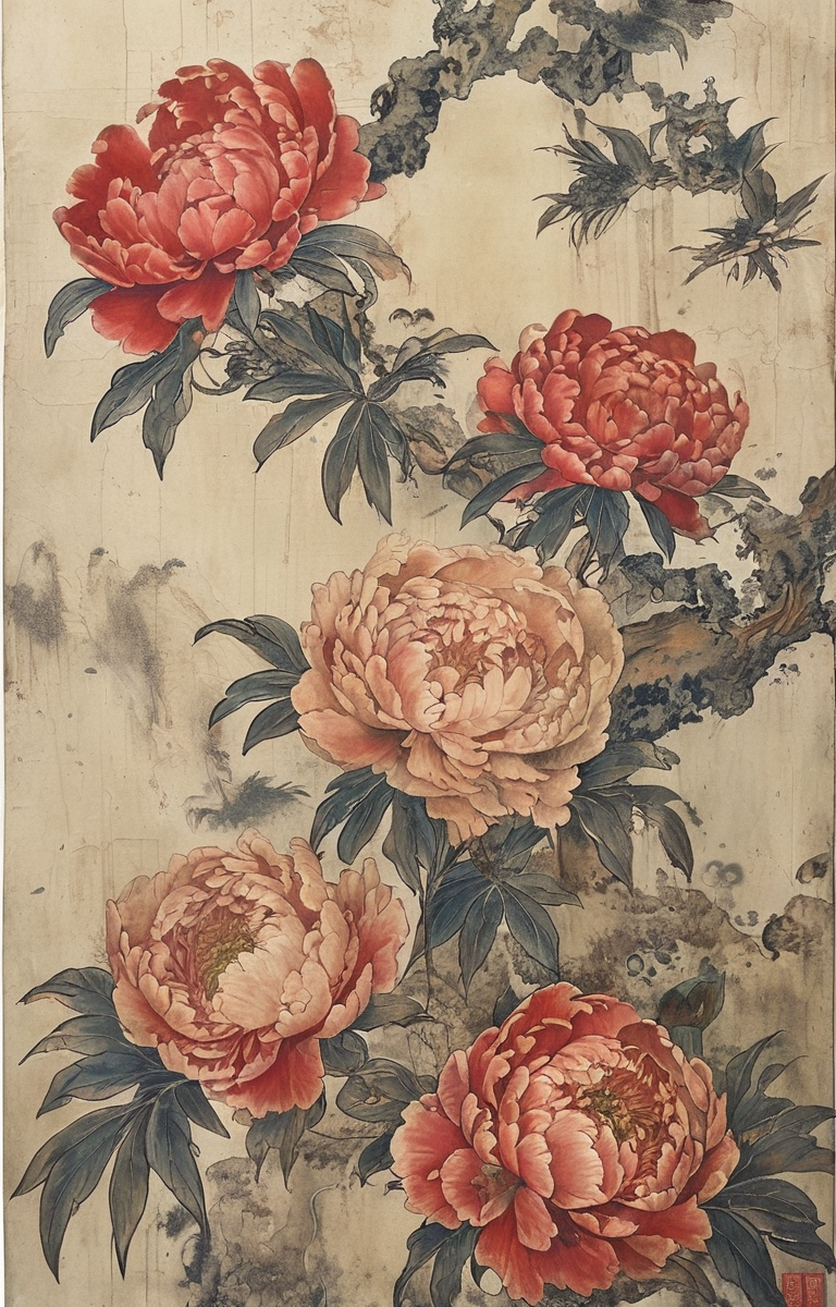 masterpiece,best quality,<lora:tbh162-sdxl:0.9>,illustration,style of Kawanabe Kyosai, decaying peonies