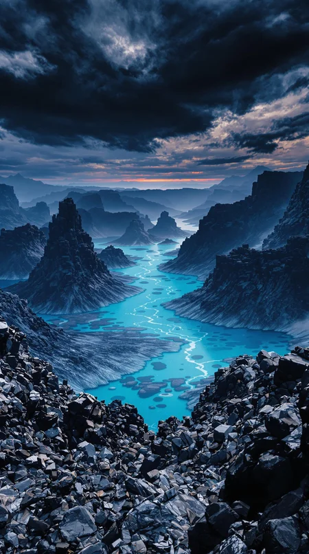 Immerse in a breathtakingly beautiful landscape: a vibrant blue-hued horizon stretches across the frame, fading into an atmospheric haze. Unusual dark colors, such as deep indigo and rich charcoal, punctuate the scene with dramatic flair. Cinematic lighting casts long shadows, emphasizing the fine details of the terrain. Film grain adds texture to the image, while superb composition guides the viewer's eye through the masterpiece. Maximum detail is achieved in every element, from the rugged terrain to the wispy clouds, creating an unparalleled level of visual mastery.