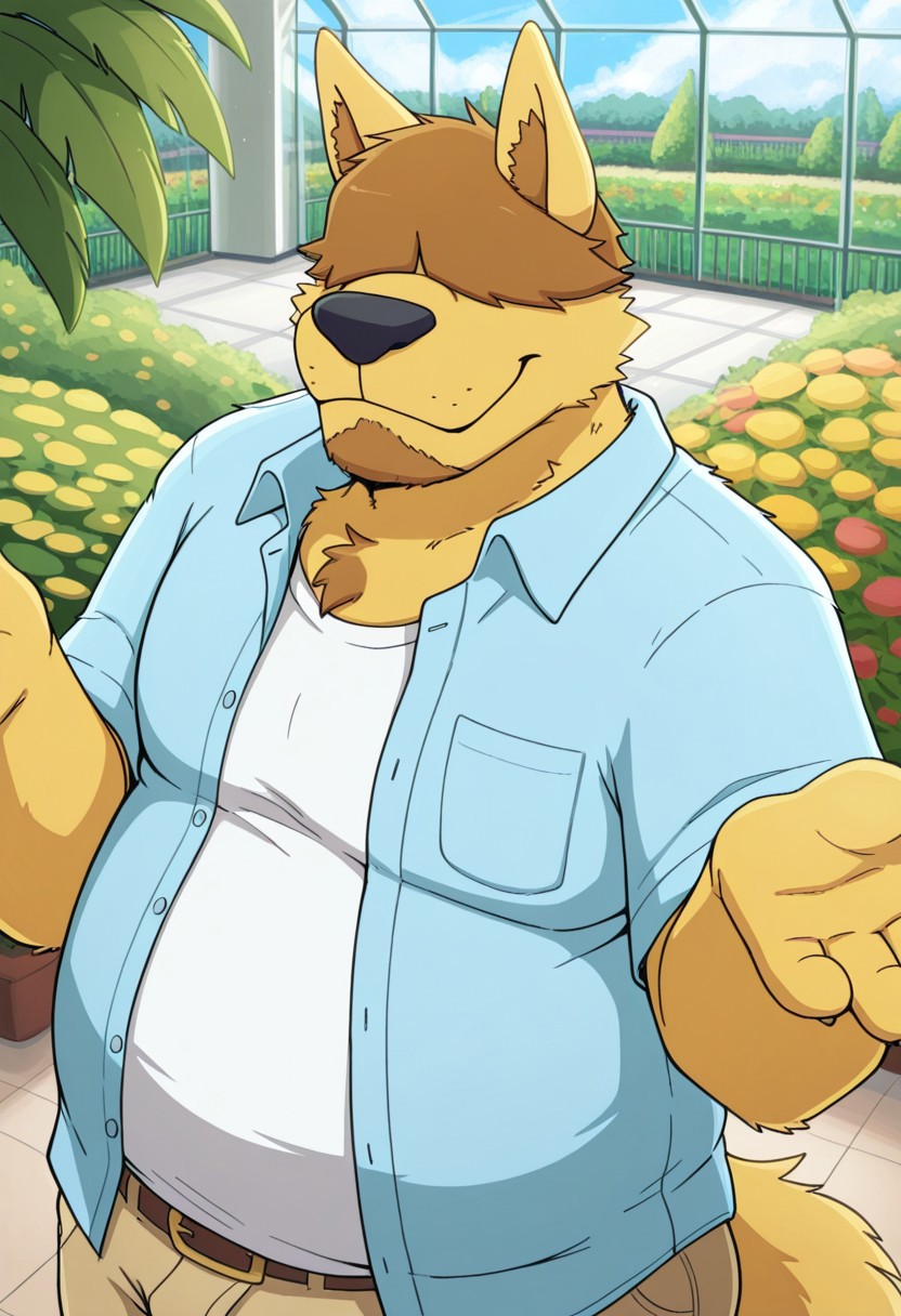 detail background, anthro dog, male, solo, 1boy, fat, no eyes, brown hair, hair covering her eyes, overweight, big belly, chubby, yellow fur, tail, black nose, claws, canine ears, furry, brown chin fur, unbuttoned blue shirt, white t-shirt, brown shorts, BREAK shrugging, face focus, from above, high angle, looking at viewer, upper body, three quarter view, conservatory, day, clouds, indoors