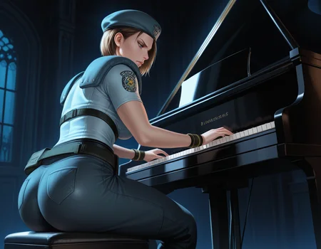jill valentine, 1girl, beret, blue eyes, from behind, from side, ass, breasts, short sleeves, piano, sitting, playing piano, , mansion, darkness, at night, annoyed, looking down
, masterpiece, best quality, realistic, <lora:IL_RE1Jill_t1-33-64:1>