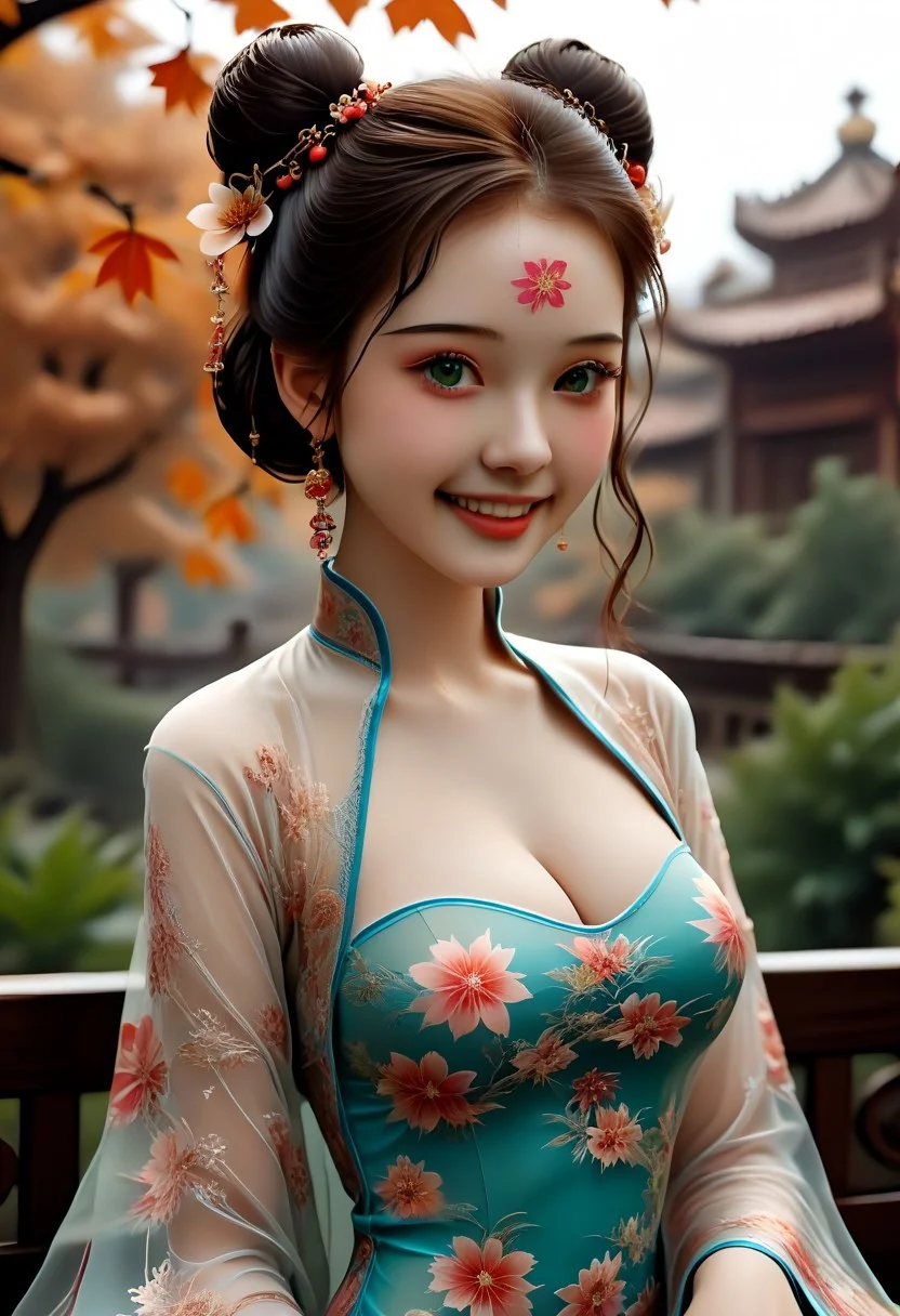 epiCRealism, UHD, 8K, masterpiece, hyperrealistic, realistic, photography, (photorealistic:1.3), realistic skin texture, ray traced, A hyper realistic ultra detailed, ultrarealistic,cute,petite body,perky boobs,slender,innocence, slender_waist,love,tightly cropped composition,detailed and intricate environment, a beautiful and youthful Chinese model, 19 years old, long eyelashes, grin, cleavage, large breasts, floral embroidery pattern wide sleeves, see through chiffon hanfu, moist eyes, hourglass figure, fair skin, hair ornament, hair flower, updo, double bun, absurdly long hair, wavy hair, forehead mark, ((Chinese girl)), slender body, perfect face, exquisite eyes, luscious lips, green eyes, long curly auburn hair, wearing an intricately embroidered vintage Chinese dress in deep burgundy hues,golden hour, setting sun, autumn leaves, high cheekbones, (an expansive field of wildflowers in vibrant purples, pinks, and yellows, stretching towards a distant mountain range silhouetted against the colorful sky background),