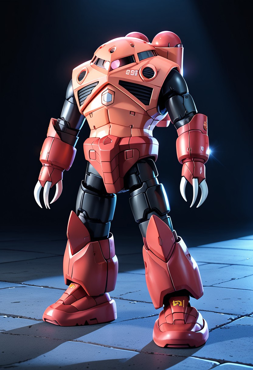 score_9, score_8_up, score_7_up, source_anime, front view, BREAK, ( chars_zgok, pink monoeye, full body, dramatic lighting, looking at viewer, arms by sides, standing, ballast tanks on back, ) 1mech, mech focus, solo, BREAK, night sky, concrete floor, edge highlights, dramatic shadows, armor gleam,