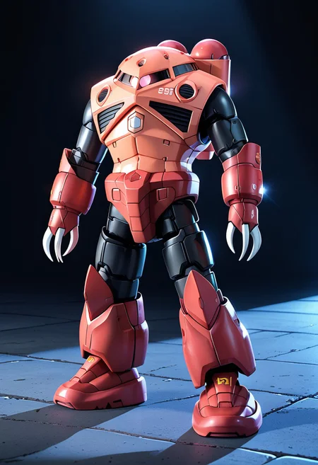 score_9, score_8_up, score_7_up, source_anime, front view, BREAK, ( chars_zgok, pink monoeye, full body, dramatic lighting, looking at viewer, arms by sides, standing, ballast tanks on back, ) 1mech, mech focus, solo, BREAK, night sky, concrete floor, edge highlights, dramatic shadows, armor gleam,
