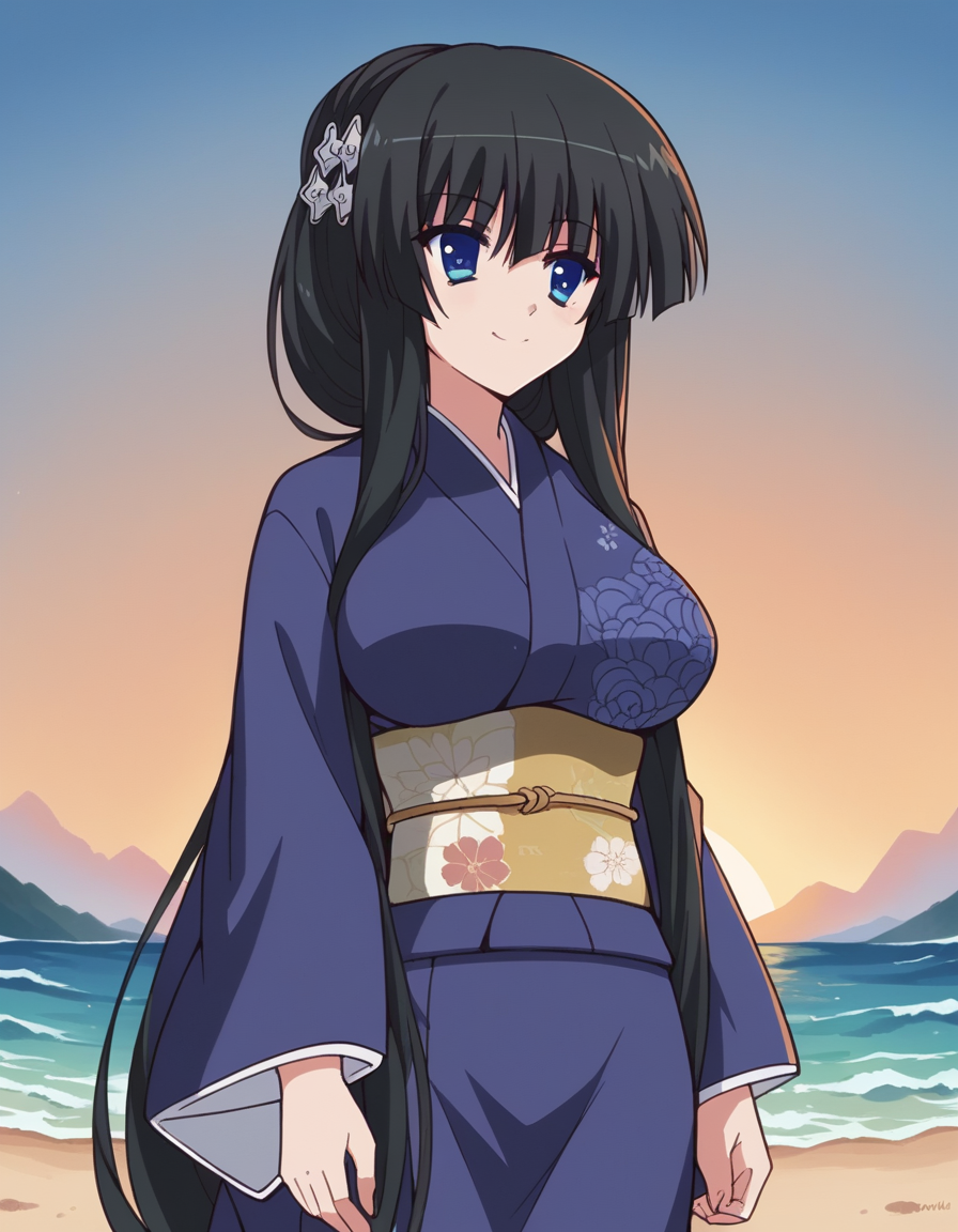 score_9, score_8_up, score_7_up, source_anime, <lora:senka-yorozu-s1-ponyxl-lora-nochekaiser:1>, senka yorozu, long hair, blue eyes, black hair, hair ornament, very long hair, large breasts,, long sleeves, japanese clothes, kimono, sash, obi, beach, sunset, walking along shore, footprints in sand, waves, peaceful, , , smile, solo,, cowboy shot, dutch angle,