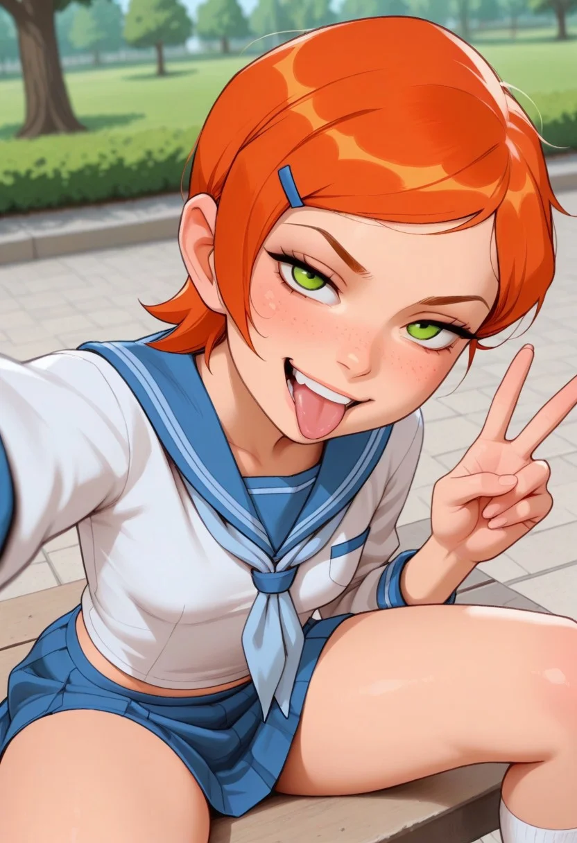 masterpiece, best quality, good quality, very aesthetic, absurdres, newest, 8K, depth of field, focused subject, mythp0rt,
stylized, wabi sabi, 
1girl, gwentennyson, orange hair, short hair, green eyes, messy hair, freckles, cute,
smug, mouth open, tongue out,
petite body, small waist, curvy, thighs, shapely legs,
small breasts,
school uniform,
dynamic angle, selfie, 
sitting, legs spread, legs raised, peace sign,
park,