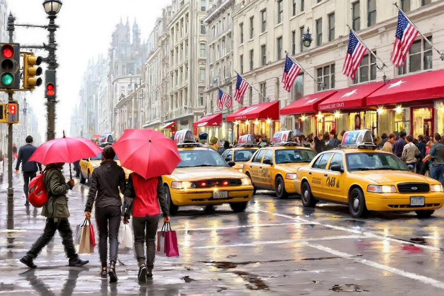 richardmacneil1 painting. A city street in New York City, with yellow taxis and traffic lights. The street is wet. Several people carry shopping bags and red umbrellas as they walk. Tall buildings with windows and awnings line the street. American flags are on the right side. Traffic lights are on the left. <lora:richardmacneil1_cap_d8a4e11:1.0><lora:853238227987918850:0>