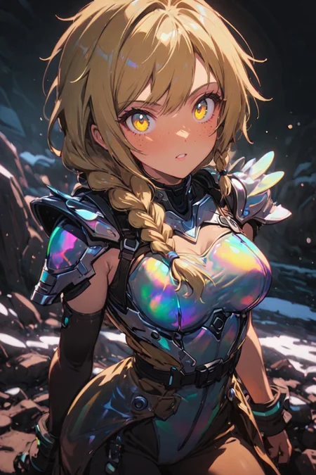score_9, score_8_up, score_7_up, score_6_up, unreal engine, biancawhitaker, 1girl,solo,long hair,breasts,yellow eyes,blonde hair,medium breasts,braid,twin braids,single braid,hair over shoulder,freckles, battlesuit armor, iridescent opal style, <lora:IOS_Iridescent_opal_style:1>, <lora:Bianca_Whitaker:0.8>, cowboy shot, dynamic pose, looking at viewer, epic background, <lora:add-detail-xl:1>