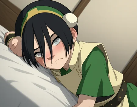 score_9, score_8_up, score_7_up, source_anime, <lora:toph-beifong-book2-ponyxl-lora-nochekaiser:1>, toph beifong, black hair, hairband, blind, grey eyes, hair between eyes, short hair,, shirt, green shirt, vest, belt, short sleeves,, indoors, bed, bed room, on side, blush, drunk, looking at viewer, solo, cowboy shot, dutch angle