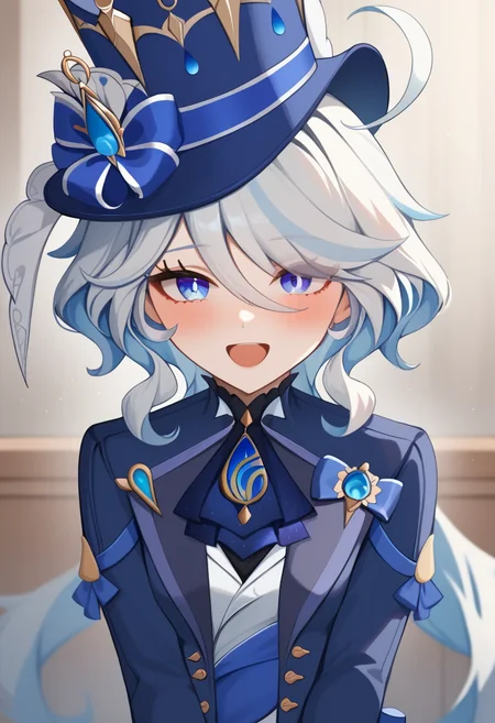 score_9,score_8_up,score_7_up,<lora:furina_(genshin_impact)_pony:1>,open_jacket, brooch, smile, cowlick, 1girl, ascot, furina_\(genshin_impact\), open_mouth, blue_jacket, long_sleeves, blue_hat, top_hat, white_shirt, looking_at_viewer, blush, solo, small_breasts