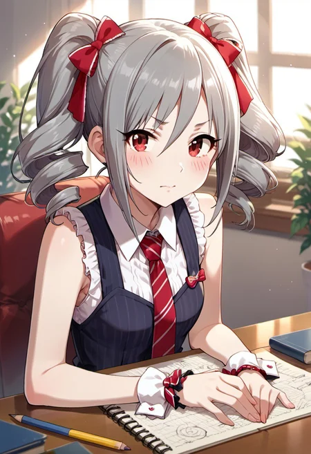 score_9, score_8_up, score_7_up, source_anime, kanzaki ranko, grey hair, red eyes, 1girl, solo, twintails, pencil, eraser, necktie, wrist cuffs, drill hair, blush, sleeveless, twin drills, bow