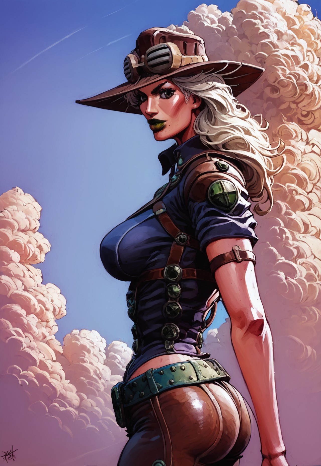 safe_pos, score_9, score_8_up, score_7_up, cel-shading,looking back, from behind, side view, side boob, side ass, rivals, arcan3styl3v1, gyrogirl, MYLF, milf, motherly, mature female, hat with goggles, green lips, cape, ((chest harness, leather straps)), navy shirt, groin, chaps, hip cutout, belt, low-raise pants, cloudy background, tilting, jojo pose, SHARP_DETAIL, HDR, TEXTURES, DETAILED_TEXTURE, UNSHARP, CRISP_DETAIL, DYNAMIC REFLECTIONS, high contrast, vivid lighting, rendered artistically, impressive, extremely detailed, ultra realistic, linquivera, rim light, BREAK thick lineart, cel-shading depicted in a dynamic pose with a cel-shading style. The character features bold outlines and distinct, flat color regions with no gradient mesh, maintaining separate color blocks, crossing hatching shading, half tone, tetradic colors