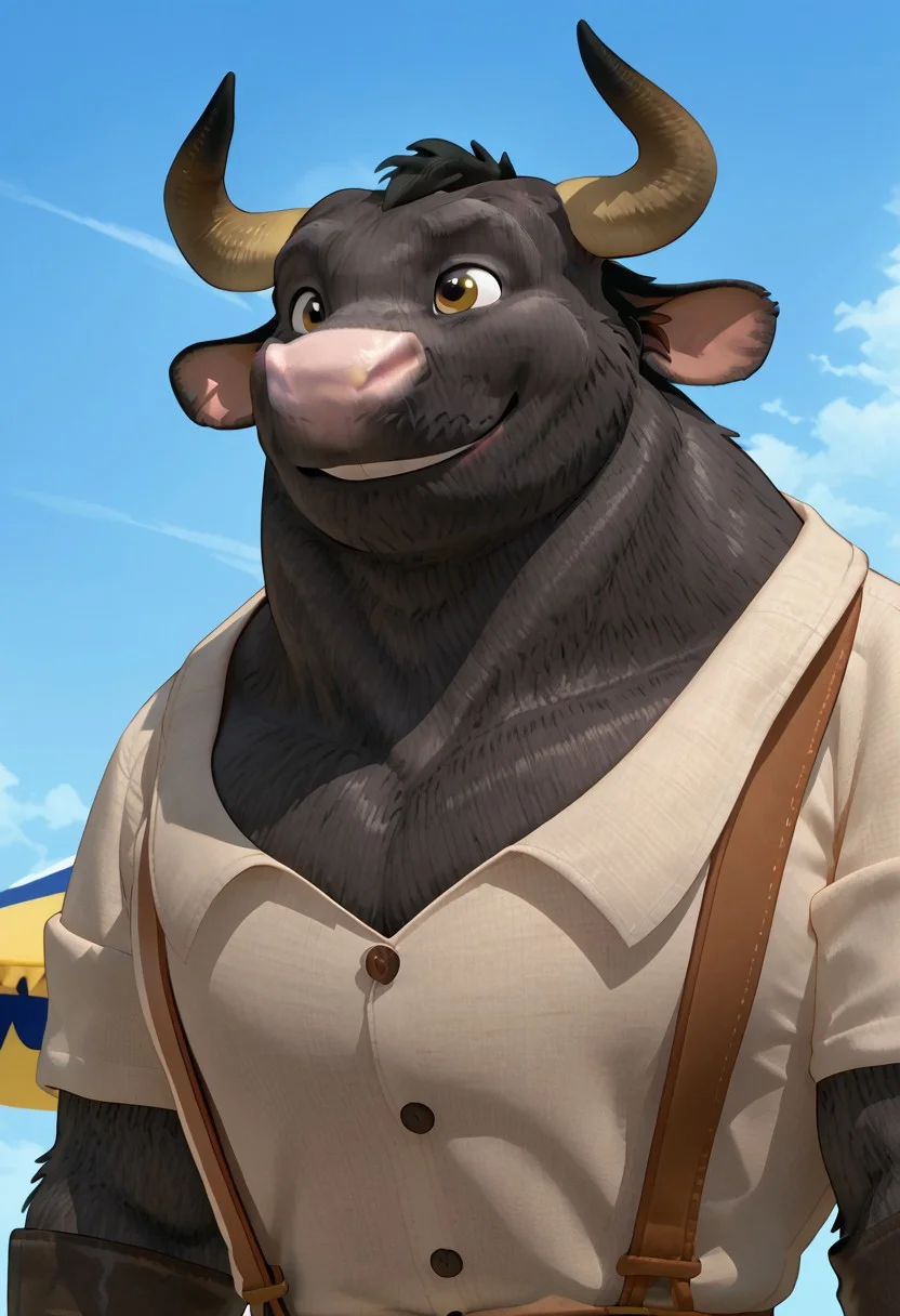 score_9, score_9_up,1boy, male, anthro, bull, big, black fur, horns, pink nose, white collared shirt, brown apron, green pants, black boots, portrait, close shot, face close up, smiling, blue sky, source_cartoon, Expressiveh