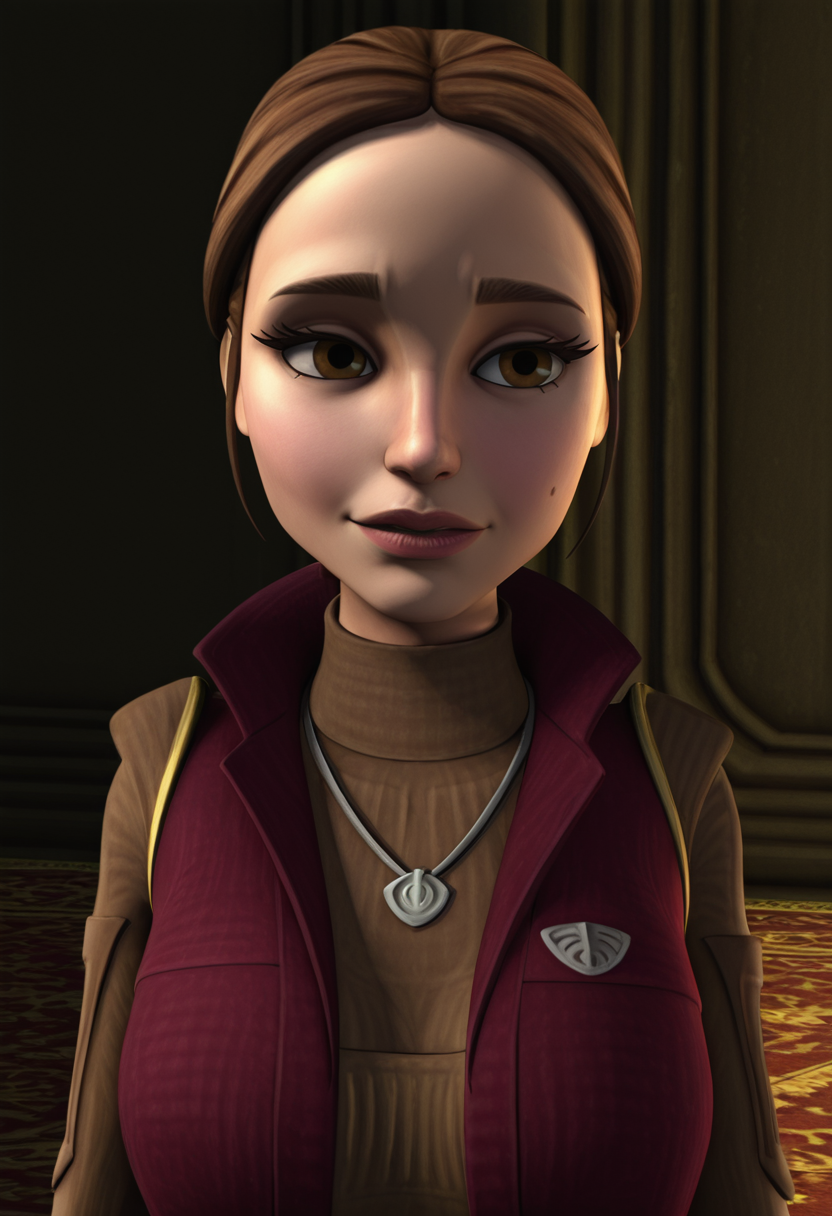<lora:Padmé_Amidala:1> padmé_amidala, original_appearance, clone_wars_style, star_wars_background, 3d, casual_combat, tied_back_hairstyle