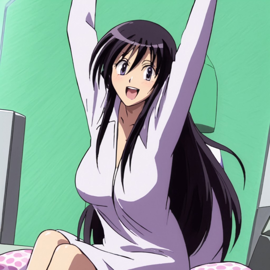 Kyouko Sonan , safe , sitting , breasts , arms up , night dress , smiling , mouth open , long hair , full-body , sexy legs