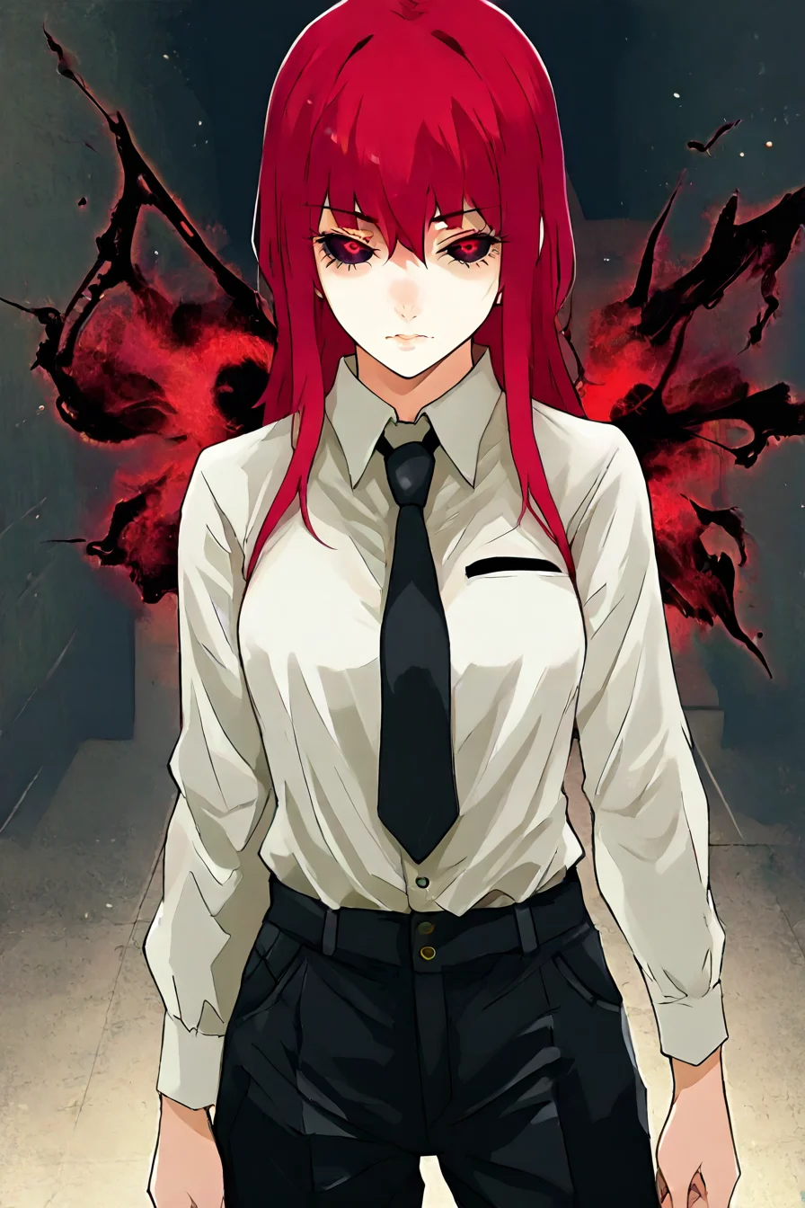 score_9, score_8_up, score_7_up, score_6_up, score_5_up, score_4_up, <lora:mak1ma0XL_Pony_v1:0.8> , mak1ma0, red hair, long hair, white collared shirt,black necktie, black pants, 1girl, <lora:Sui_Ishida_style_IllustriousXL:1>, sui_Ishida_style, solo, alone, standing, looking at the viewer, masterpiece, highres, <lora:UkakuPony:1.2>,ukaku, kakugan, red eyes, black sclera, kagune on back, gradient kagune