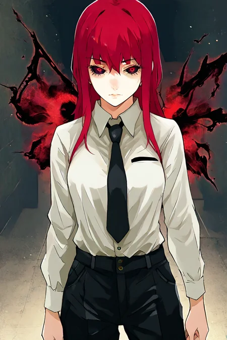 score_9, score_8_up, score_7_up, score_6_up, score_5_up, score_4_up, <lora:mak1ma0XL_Pony_v1:0.8> , mak1ma0, red hair, long hair, white collared shirt,black necktie, black pants, 1girl, <lora:Sui_Ishida_style_IllustriousXL:1>, sui_Ishida_style, solo, alone, standing, looking at the viewer, masterpiece, highres, <lora:UkakuPony:1.2>,ukaku, kakugan, red eyes, black sclera, kagune on back, gradient kagune