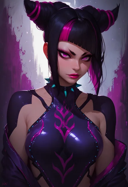(score_9, score_8_up, score_7_up, score_6_up, score_5_up, score_4_up) 1girl, solo, Juri Han, purple eyes, black hair, bangs, hair horns, multicolored hair,streaked hair, makeup, lipstick,(Purple Jumpsuit), sexy pose, slutty, cleavage, metal bedroom, metal walls, porthole, detailed background, easynegative