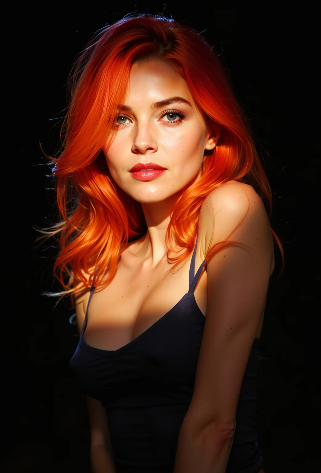 The image is a portrait of a young woman with long, wavy red hair. She is wearing a black tank top and is standing in front of a black background. The woman is looking directly at the camera with a serious expression on her face. Her hair is styled in loose waves and falls over her shoulders. The lighting is soft and dramatic, creating a dramatic effect. The overall mood of the image is sensual and alluring.