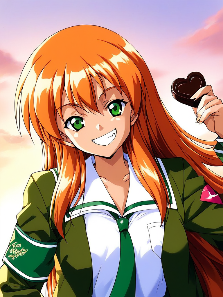 score_9, score_8_up, score_7_up, source_anime, rating_explicit, BREAK  <lora:Akai_Homura_XL:1> Akai_Homura, very long hair, green eyes, orange hair,
1girl, solo, smile, necktie, grin, armband, school uniform, looking at viewer, holding, shirt, jacket, chocolate, Valentine,
day, sky,