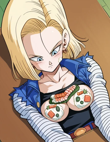 score_9, score_8_up, score_7_up, source_anime, <lora:android-18-anime-ponyxl-lora-nochekaiser:1>, android 18, blonde hair, blue eyes, eyelashes, hoop earrings, short hair, earrings, <lora:nyotaimori-ponyxl-lora-nochekaiser:1>, nyotaimori, sashimi, food on body, sushi, wasabi, soy sauce, cream, whipped cream, food on breasts, food, cream on body, thighs,, indoors, table, on back, on table, blush,, , cowboy shot, dutch angle
