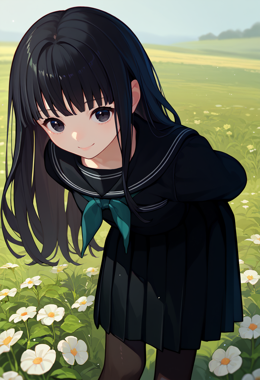 score_9, score_8_up, score_7_up, Rinne, black hair, long hair, black eyes, black serafuku, necktie, long sleeves,  black skirt, black pantyhose, 1girl, solo, light smile, arms behind back, flower field, looking at viewer, bent over,  front view,     <lora:Rinne LORA 3-000008:1>