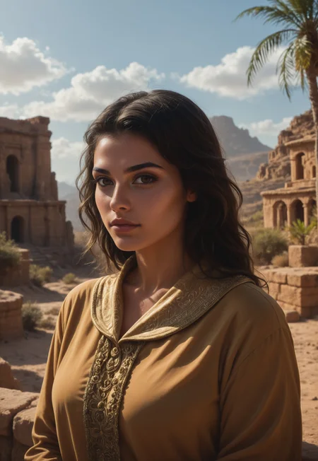 score_9, score_8_up, score_7_up, 1girl, solo, desert nomad, flowing robes with intricate embroidery and desert-inspired patterns, ancient curved scimitar with a polished bronze blade and a wrapped leather handle, long wavy black hair adorned with desert flowers, realistic, cinematic angle, cinematic lighting, slender body, mysterious face, deep brown eyes, vigilant pose
BREAK
standing guard at an oasis in the heart of the desert
BREAK
source_fantasy_art, rating_explicit, expressive, full body, dynamic pose
BREAK
detailed beautiful background, vast desert landscape with rolling sand dunes and distant mirages, lush oasis with palm trees and a sparkling pool of water, ancient ruins and desert creatures, distant mountains with rugged cliffs, mystical atmosphere with a sense of adventure and mystery
<lora:Expressive_H:0.6>Expressiveh, (SimplepositiveXLv1:1.3), (upper body, full clothed:1.85) ((masterpiece)) (ultra realistic, 32k, masterpiece:1.2), (high detailed skin:1.1), (high quality:1.1) (((full clothed))) <lora:DandonFuga_Style_v.2_-_Pony:0.8> 
<lora:add-detail-xl:1> 
<lora:Dynamic Poses:1>
